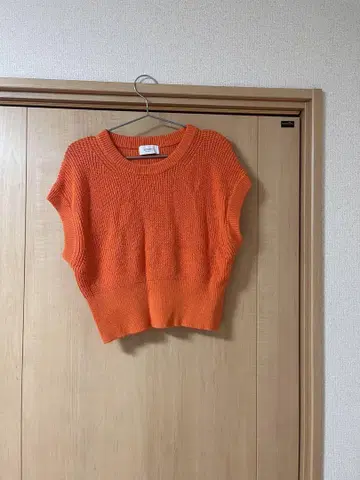 오렌지 리브 니트 반팔 니트 셋업