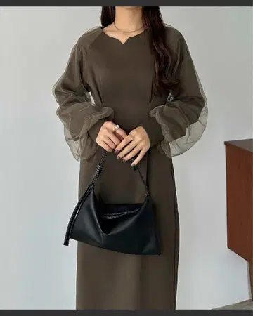 JUNOAH callautia 튤 슬리브 턱 원피스 브라운 M