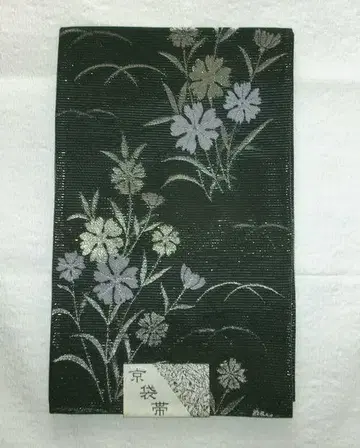 여름용 명주 후쿠로 오비 블랙 컬러 꽃무늬