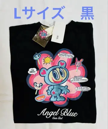 L 사이즈 블랙 Angel Blue 반팔 티셔츠 아크릴 키링 포함 자수