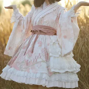 유카타 드레스 핑크 성숙한 스타일 로리 지뢰계 양산형 히메 갸루
