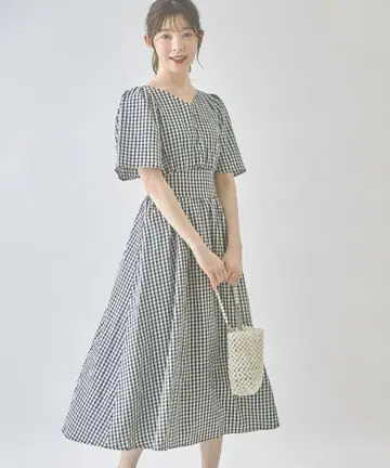 토코 클로젯 백 레이스업 플레어 슬리브 깅엄 체크 원피스