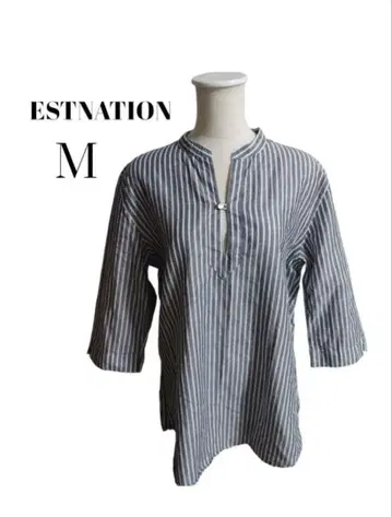 ESTNATION 린넨 혼방 밴드 카라 셔츠 풀오버 스트라이프 M