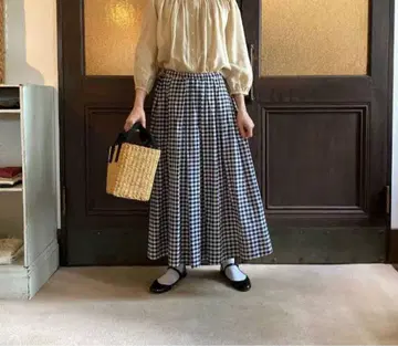 리제타 Lisette 나딘 코튼 깅엄 체크 개더 스커트