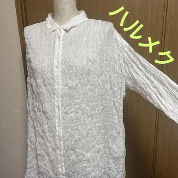 하루메쿠 롱 셔츠 셔츠 원피스 겉옷 화이트 크루쉬 L