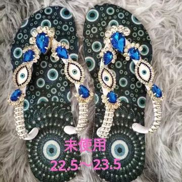 미사용 핸드메이드 에스닉풍 샌들 파랑 보석 장식
