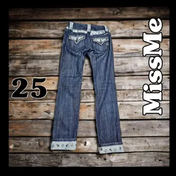 A728 MissMe 스트레이트 데님 데미지 가공 블루 25 스컬 패턴