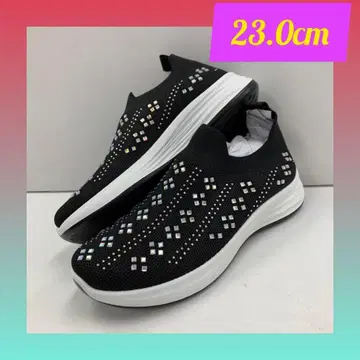 23.0cm 여성용 새상품 와이드 비쥬 장식 슬립온 스니커즈 블랙