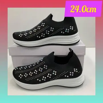 24.0cm 여성용 새상품 와이드 비쥬 장식 슬립온 스니커즈 블랙
