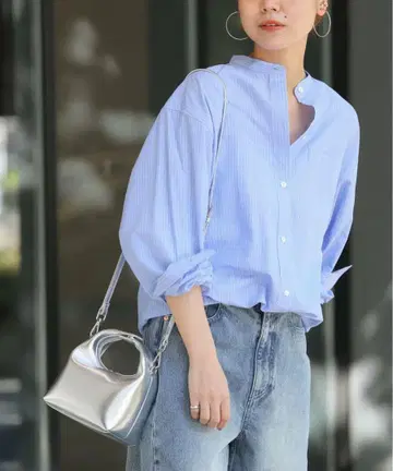 저널 스탠다드 리룸 스트라이프 밴드 카라 벌룬 셔츠
