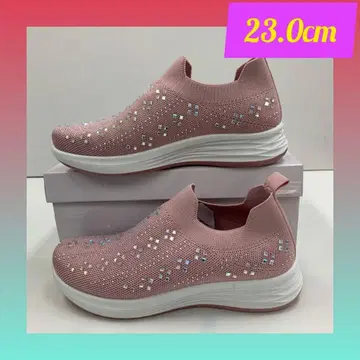 23.0cm 여성용 새상품 와이드 비쥬 장식 슬립온 스니커즈 핑크