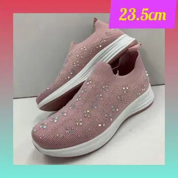 23.5cm 여성용 새상품 와이드 비쥬 장식 슬립온 스니커즈 핑크