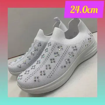24.0cm 여성용 새상품 와이드 비쥬 장식 슬립온 스니커즈 화이트