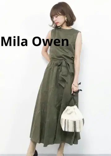 MilaOwen 미라 오웬 허리 리본 슬리브리스 린넨 원피스 / 카키