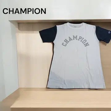 CHAMPION 프린트 로고 티셔츠 화이트/네이비