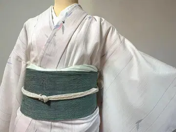 여름 오비 린넨 나고야 오비 청록색 핑 포인트 여름 풀 그림 360cm