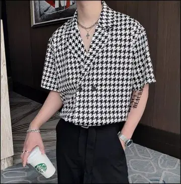 otte 체크 포인트 오픈 카라 셔츠