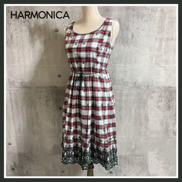 HARMONICA 하모니카 원피스 체크 자수 슬리브리스