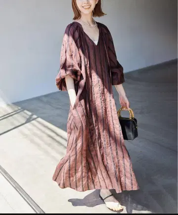 SLOBE IENA 볼륨 슬리브 스트라이프 린넨 혼방 원피스