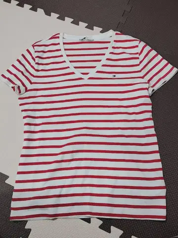 Tommy Hilfiger V넥 티셔츠 반팔 화이트 레드 보더