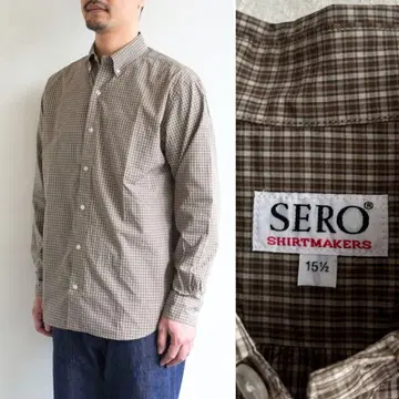새상품 SERO 미니 체크 버튼 다운 셔츠 브라운 세로
