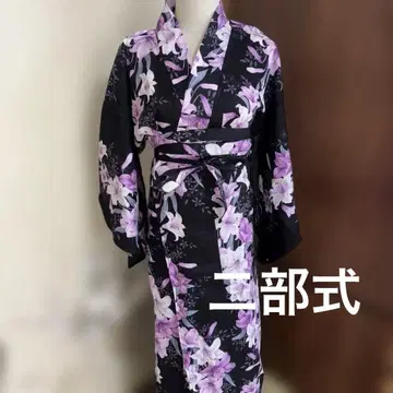 2부식 블랙 보라색 플라워 무늬 유카타 프리 사이즈