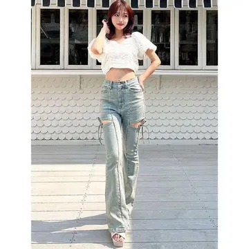 RESEXXY 컷 아웃 리본 데님 팬츠
