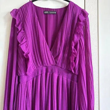 ZARA 자라 롱 원피스 드레스 플리츠 쉬폰 보라색 퍼플 M