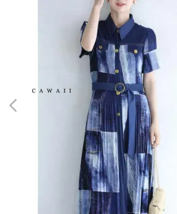 CAWAII 투기하기 데님풍 아트 아코디언 플리츠 롱 원피스