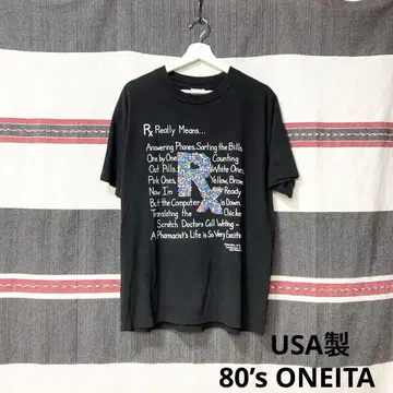 80s USA제 ONEITA 메시지 아트 티셔츠 블랙 레어