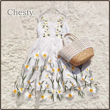 Chesty 꽃무늬 자수 튤 슬리브리스 플레어 원피스 비익 버튼 M