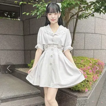 ROJITA 레이어드 테일러드 원피스 그레이 펄 프릴 레이스