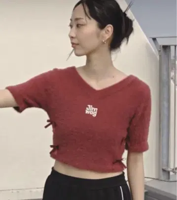 JIMWAG 스웨터 리본 샤기 반팔 상의 보르도