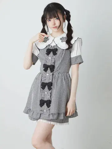 앙크루즈 깅엄 고양이 발 프릴 블라우스 깅엄 체크 콤비네존