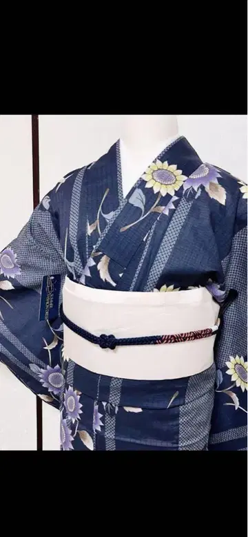 세로 줄무늬에 해바라기 무늬의 유카타 (미사용, 시츠케 포함)