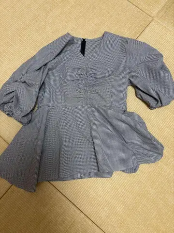 깅엄 체크 볼륨 슬리브 블라우스