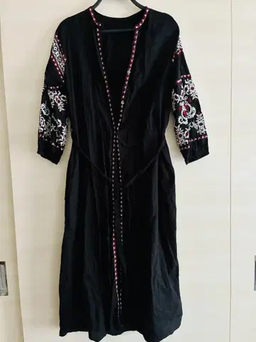글로벌 워크 인도 면 자수 2way 원피스 태슬 리본 볼륨 소매