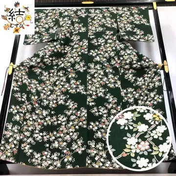 MK-1420 코몬 워셔블 기모노 벚꽃 가지 꽃 무늬 크레이프 원단 파랑