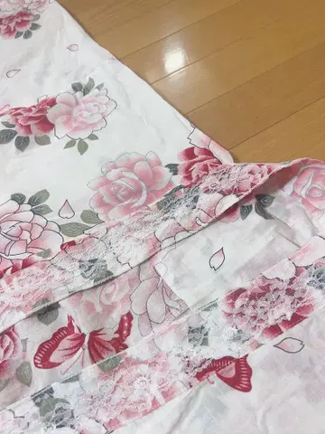 유카타 핑크 레이스 꽃무늬 면100% 오비 포함 세트 구매 가능