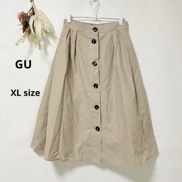 지유 GU 프론트 버튼 플레어 스커트 베이지 미디 길이 XL