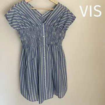 VIS 세탁 가능한 루즈한 V넥 셔링 셔츠 블라우스 스트라이프