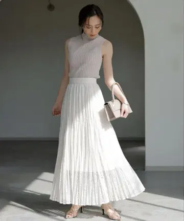anuans 레이스 플리츠 스커트 IVORY
