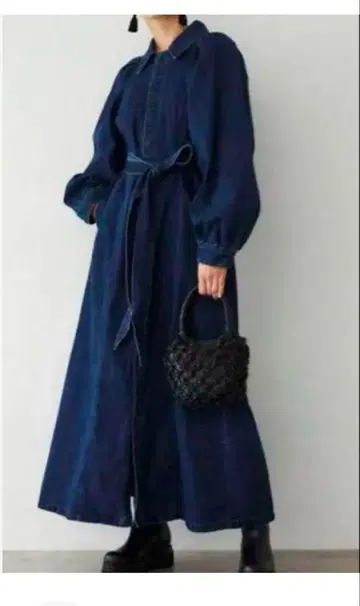 마우지 데님 셔츠 원피스 긴팔 벨트 포함