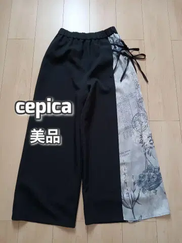 새상품급 cepica 세피카 와이드 팬츠 이소재 절개 리본 블랙