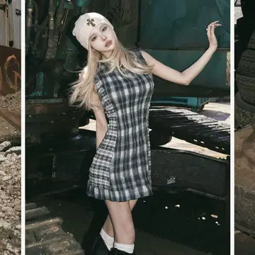 darich 다리치 체크 콤비 미니 원피스 FL 사이즈 네이비