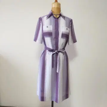 쇼와 레트로 보라색과 화이트 스트라이프 반팔 원피스
