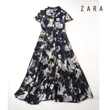 ZARA 자라 레이온 롱 셔츠 원피스 학 일본풍 패턴 S 네이비