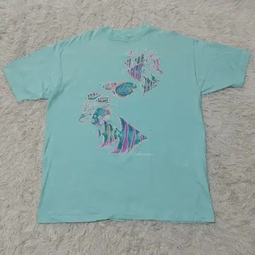 헤인즈 입체 프린트 티셔츠 90s 싱글 스티치 XL 아쿠아 블루