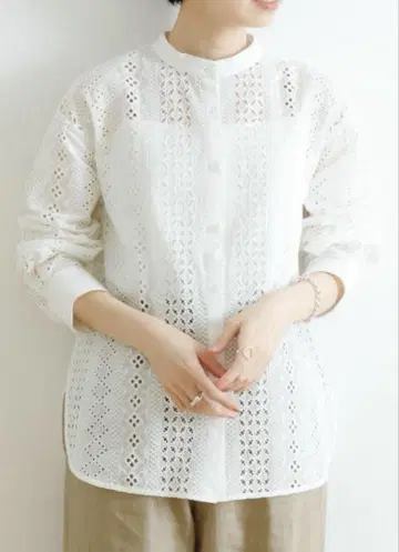어반 리서치 밴드 카라 레이스 컷워크 긴팔 셔츠 블라우스