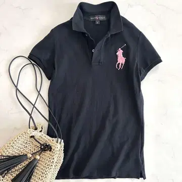 랄프 로렌 반팔 피케 셔츠 블랙 블랙 빅 포니 자수 핑크 M 면